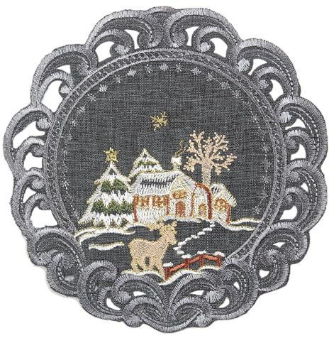 HanaQi Weihnachten Hirsch im Winterlandschaft Tischläufer Leinenoptik ca. 20 cm Rund, Grau