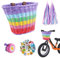 QINGYIWL 1 Set Fahrradkorb Vorne Kinder Abnehmbar, Fahrrad Korb Weidenkorb Vorne mit Glocken und Luftschlangen, Mädchen Fahrrad Korb Zubehör, Regenbogen 7 Farben