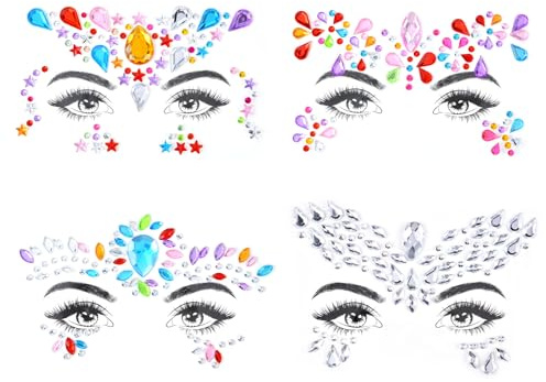 URAQT Face Gems Glitter, 4Pcs Face Glitter Festival Face Stickers Set for Music Festival Holiday Party, Self-Adhesive Rhinestone Temporary Tattoos Festival Halloween Decorations