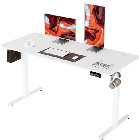 ERGOMAKER Electric Standing Desk, 55 x 23.6 Height Adjustable Sit Stand Desk with Splice Board for Home Office, Computer Table Memory Preset (White Frame, White Desktop)