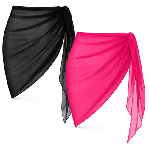Ensemble 2 pièces pour femme, paréo, cache-maillot, jupe portefeuille, bikini (FR/ES, Alpha/lettres, Taille unique, Taille normale, Taille normale, A - Noir+Rose)