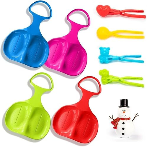 DASIAUTOEM Poporutscher Rodeln Kinder, 4 Stück Poporutscher mit Handgriff, Schneeflitzer Kinder, Snowboards Tragbare Schlitten Rutschteller für Kinder Erwachsene Winter Ski Board Outdoor Wintersport