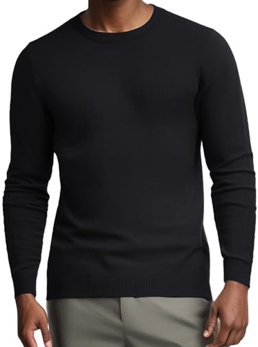 LUVCES Jersey Hombre Manga Larga Cuello Redondo de Punto Casual Clásico Invierno Cuello Alto Ropa Interior Ajustada Sólido Color Elástico Suéter Negro XL