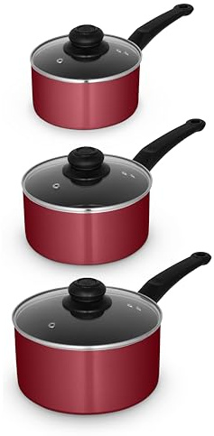 Swan Townhouse 3 Piece Saucepan Set with 16/18/20cm Saucepans, Non-Stick Ceramic Coating, Bakelite Handles, Oven Safe, Red