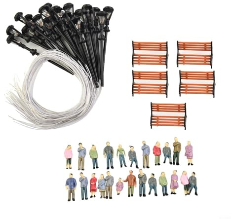 Daaxing HO OO - Juego de 49 figuras pintadas a escala de personas, lámpara de banco, para modelo de tren de ferrocarril, paisaje, 24 figuras pintadas, 5 bancos, 20 postes de lámpara