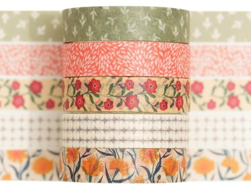 Songdao Fantasy Washi Tape Set - 5 Rolls Texture Arts Adhesive Tapes Basic Patterns Decorative Masking Tape Sets for Craft, Kids, Scrapbook, DIY, Gift Wrapping (6-Summer Fields)