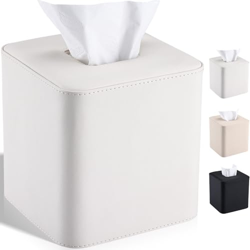 GORESE Contenitore per fazzoletti, in pelle PU, quadrato, dispenser di fazzoletti per il viso, portatovaglioli, regalo per casa, ufficio, bagno, decorazione auto (bianco avorio)