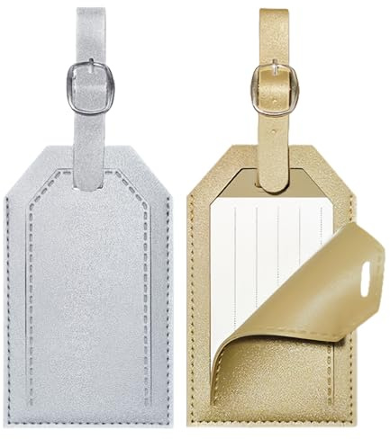 2 Pcs Leather Luggage Tags for Suitcases, Suitcase Tags with Privacy Cover & Adjustable Strap, Luggage Labels for Preventing Loss of Bags, Travel Essentials (Gold&Silver)