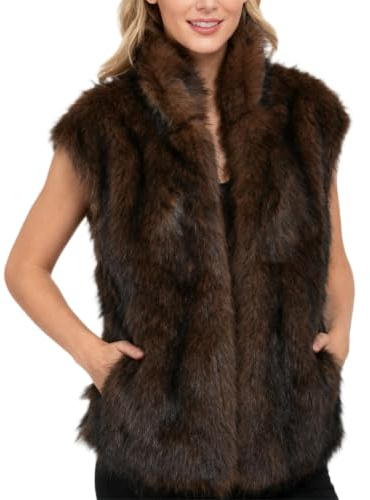 Amazhiyu Chaleco de piel sintética para mujer, cárdigan de invierno abierto con bolsillos, sin mangas, cuello en V, chaleco esponjoso