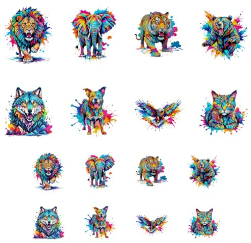 ANATTASOUL 16 Sheets Iron on Transfers for T-Shirts Colourful Animals DTF Transfers Ready to Press, Washable Vinyl Heat Press Iron on Patches for Women Clothing Hat Bag Pillow DIY Crafts Gifts