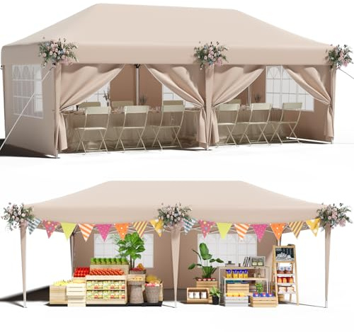 TRIUMPHKEY Tonnelle Pliante 3x6 Imperméable avec 6 Côtés, Barnum 3x6 avec Rideaux, Barnum Pliant Acier pour Faire Les Marchés, Jardin, Férié, Réunions, Beige