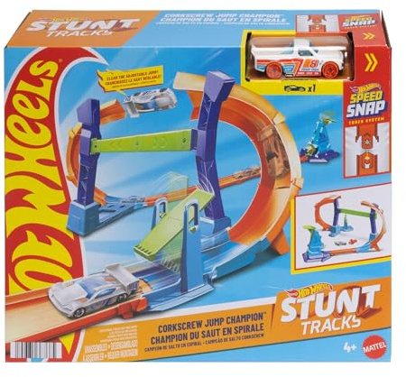 Hot Wheels Spielzeugauto-Trackset, Flip- und Jump-Action durch den Korkenzieher-Looping mit einem Spielzeugauto im Maßstab 1:64, Track-Schnellstecksystem und Adapter, JLM91