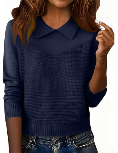 Polo Sweater Women Long Sleeve Knit Lightweight Dressy Casual Basic Pullover Lapel V Neck Tops Spring Fall Fashion Wool Sweaters for Women Blues X-Large