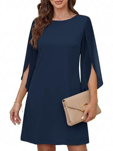 Cicy Bell Robe de cocktail élégante à col rond pour femme - En maille - Manches 3/4 - Robe de soirée - Couleur unie - Robe décontractée longueur genou - Robe d'été, bleu foncé, L