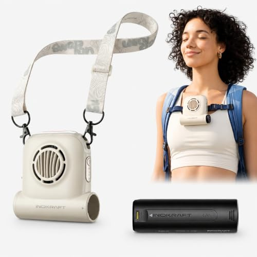 InoKraft Trail Clip-On Fan, 49ft/s, with 4Ah Rechargeable Battery | Hands-Free Waist Clip Fan, Portable Travel Fan for Hiking, Camping & Outdoor Work, Shell White