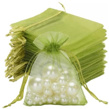 CATZUM Bolsitas Organza Verde Oliva 50 pz, 7x9cm con Cordón para Regalos, Joyas & Detalles. Ideales para Bodas, Fiestas, Souvenirs y Dulces. Solución elegante.