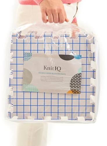 KnitIQ Tapetes de Bloqueo de Doble Cara – 9 Tablas bloqueadoras extra gruesas con rejillas en PULGADAS y CM, 100 Alfileres T y Bolsa de Almacenamiento para Bordados o Crochet