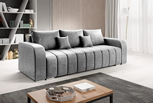 Easy4You Schlafsofa Pufetto - 245 cm - Velour Grau - 3 Sitzer Sofa - Bettzeugbehälter - Couch mit Schlaffunktion - Stoff: Manila 16