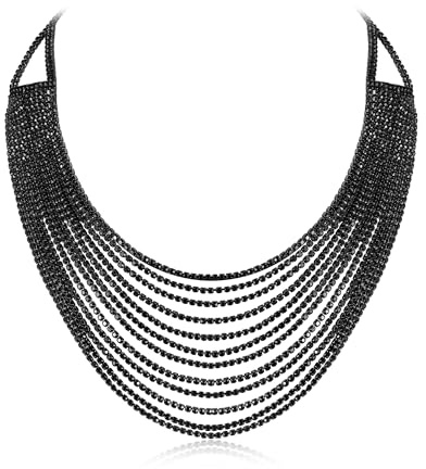 EVER FAITH Flerskiktad tjockt halsband, glitter grå strass vattenfall multistring multisträng halsband uttalande haklapp halsband långt halsband modesmycken