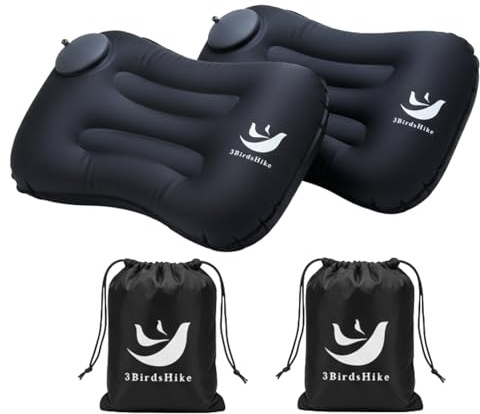 3BirdsHike 2 Pack Inflatable Camping Pillow – Ultralight Travel & Beach Air Pillow for Neck & Lumbar Support, Press-to-Inflate Design, Compact for Hiking, Backpacking & Outdoor Adventures – Black