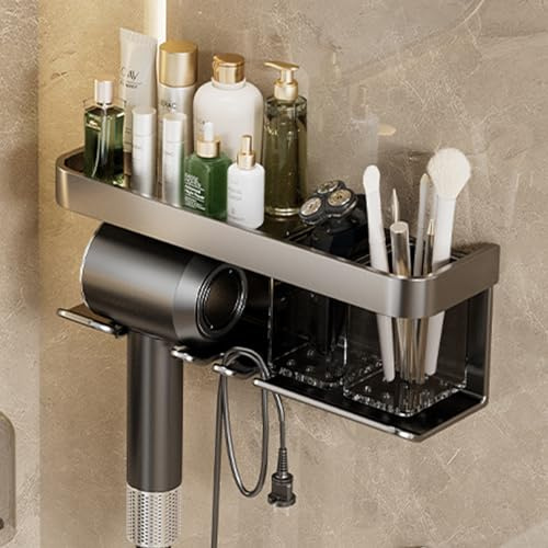 Drazzilith Porta Asciugacapelli, Supporto per Asciugacapelli in Alluminio, Porta Phon con Cinque Ganci Antitraccia, Facile da Installare, per Manici di Asciugacapelli Fino a 5 cm