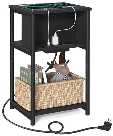 VASAGLE Beistelltisch, Nachttisch mit Steckdose, schmal, 2 AC-Anschlüsse, 2 USB-Anschlüsse, 30 x 34 x 58 cm, für Wohnzimmer, Schlafzimmer, schwarz LET375B02