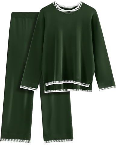 Xnova Completi Tuta in Maglia Donna 2 Pezzi Set, Loungewear Pantaloni a Gamba Larga e Maglia A Maniche Lunghe, Tute Maglione e Pantalone Elastico In Vita per Autunnale e Invernale (Verde, M)