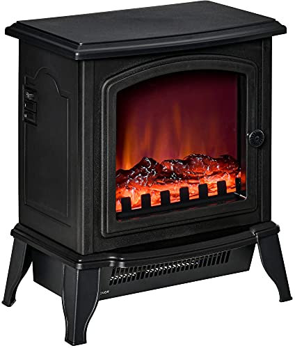 HOMCOM Cheminée électrique, cheminée sur pied avec effet de flamme LED, poêle 2000W avec protection contre la surchauffe pour salon, chambre à coucher, métal, noir