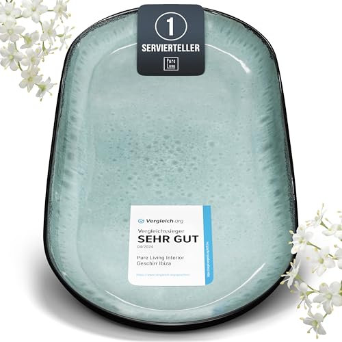 Steingut Servier Teller Groß Ibiza TESTSIEGER, Traumhafte Mediterrane Steingut Servierplatte, Serving Plate Oval, Servierteller Groß - Pure Living in Salbeigrün