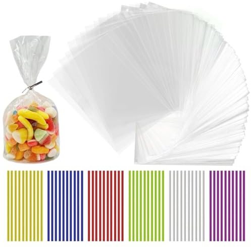 VIVIIHOO 100 Pezzi Sacchetti di cellofano con Fondo, Sacchetti Regalo Trasparenti per riempimento 25x15cm, tra Cui 100 Cravatte Colorate, Adatto per Caramelle, Cioccolato e Pane
