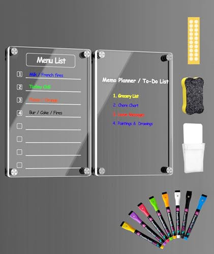 Joiyota Acrylic Magnetic Weekly Planner for Fridge, 2pcs Daily Meal Planner & Memo Board for Refrigerator with 12x8, Fridge Calendar Magnetic with 8 Markers,Pen Holder & Eraser