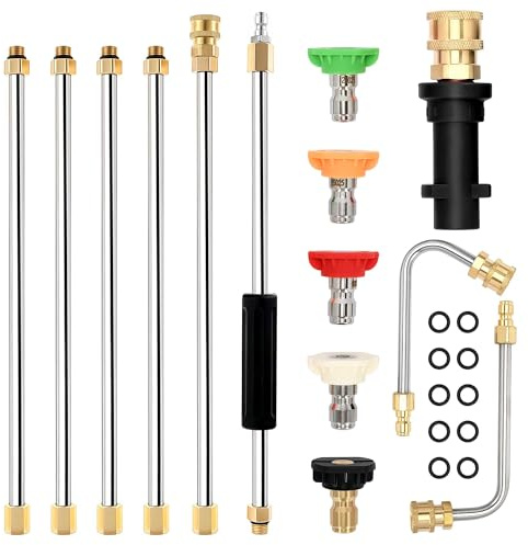 aleawol High Pressure Washer Lance Extension Wand Set with Adapter Compatible for Karcher K2-K7, 60°/90° Curved Rod Roof Cleaner Lance, 1/4 Inch Quick Connect, 4000PSI, 5Pcs Nozzle Tips