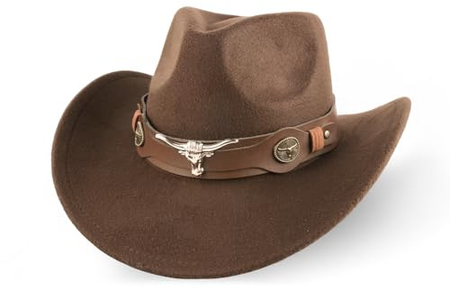 Cowboyhut für Männer und Frauen, westlicher, atmungsaktiver Hut aus Kunstwildleder, verstellbares Innenband von 56 bis 58 cm, Fedora-Hüte mit breiter Krempe, braun