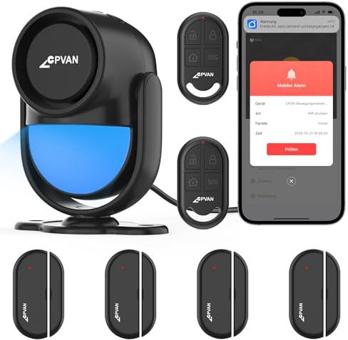 CPVAN WiFi Alarmanlage Haus mit PIR-Bewegungsmelder, Drahtloses DIY-Smart-Alarmsystem mit 4 Tür-/Fenstersensoren für Sicherheit – Lokalaler Alarm & App-Benachrichtigung, Schwarz