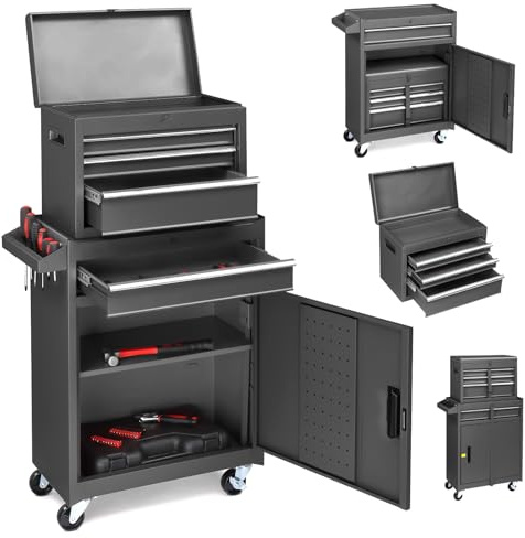 LEADZM Servante d'Atelier Outils avec Coffre Amovible, 4 Tiroirs, 2 Grande，Etabli Garage，Armoire à Étagère Réglable& Caisse à Outil Roulante，pour Garage, Atelier(Noir)