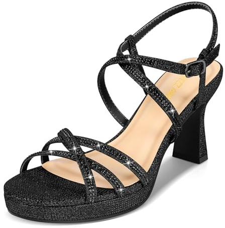PIZZ ANNU Stellora Women's Platform Sandals Ladies Sparkly Diamente Wedding Shoes with Comfortable Strappy Chunky Heels for Prom, Bridal & Summer Parties Black Size 7