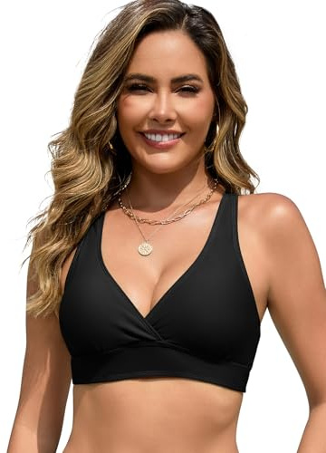 SHEKINI Women's Adjustable Straps Padded Bikini Top Only(Black,XL)