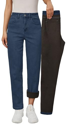 Arach&Cloz Women's Fleece Lined Jeans with Pockets Fall High Waisted Classic Stretchy Winter Thermal Denim Pants 2025 Dark Blue M