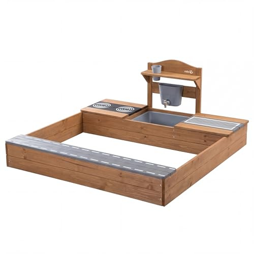 roba Sabbiera per Bambini - Certificata FSC® con Cucina da Esterno - Resistente alle Intemperie - dai 12 Mesi - per Giardino, Terrazza, Balcone - Legno Massiccio - Verniciato Marrone/Teak