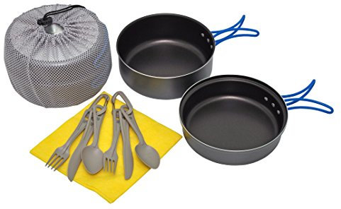 Set di stoviglie da campeggio leggero, 2 pezzi, in alluminio, con posate, panno e sacchetto a rete