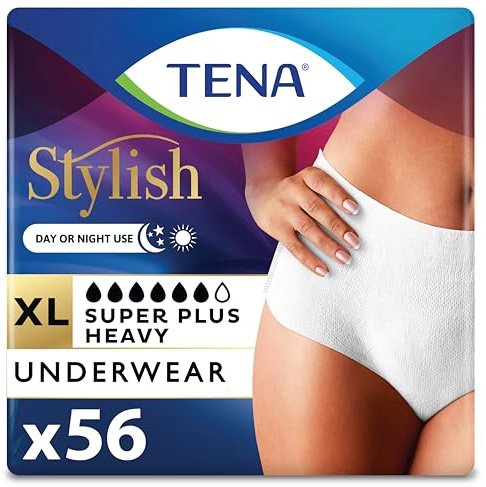 TENA Stylish White Incontinence Underwear for Women, Super Plus Heavy Absorbency, Adult Diapers, X-Large (Waist Sizes 48in-64in), 56 Count (4 packs of 14)