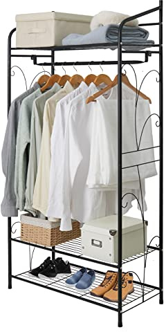 Armario Abierto Vestidor de Metal: Perchero Burro Metálico de Pie con Estantes y Barra Colgante Ropa Negro para Prendas Zapatos Canastas de Estilo Clásico 79 x 36 x 161cm