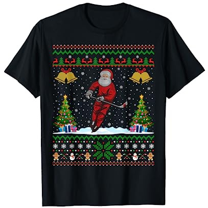 Santa Playing Ice Hockey Xmas Gift Ugly Ice Hockey Christmas T-Shirt