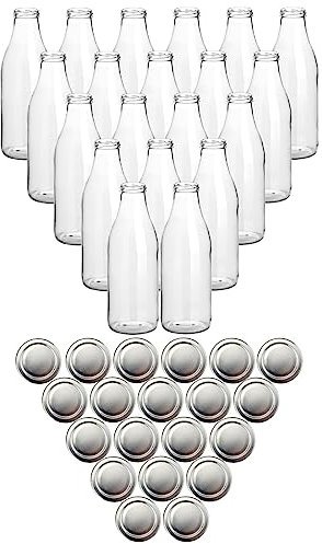 gouveo Lot de 20 bouteilles de jus 1000 ml avec bouchon à vis argenté – Grande bouteille en verre 1 litre avec bouchon TO48 – Bouteille vide à remplir (SF1000S)