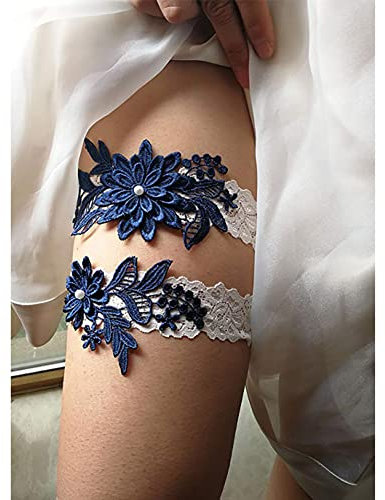 Carufin Strumpfband aus Spitze, elastisch, Brautschmuck, Hochzeitszubehör, für Damen und Mädchen, marineblau, Einheitsgröße