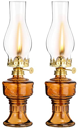 2 Pcs Chamber Oil Lamps for Indoor Use Vintage Kerosene Lamp Rustic Hurricane Kerosene Lantern with Adjustable Fire Wick Lighting Oil Lantern for Home Emergency Lighting, 13'' High(Brown)