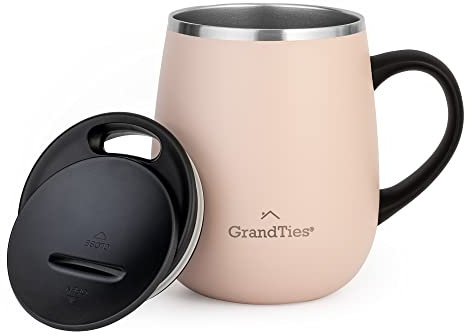 GRANDTIES Insulated Coffee Mug with Handle, Sliding Lid for Splash-Proof 16 oz Wine Glass Shape Thermal Tumbler with Double Walled Vacuum Stainless Steel to Keep Beverages Hot or Cold- Peach Crème