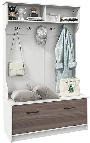 GOPLUS Garderobsställ med sits, klädställ med hylla, 5 krokar, garderobsskåp, hallgarderob, kompakt garderob för entré, sovrum, 100 x 40 x 160 cm (vit)