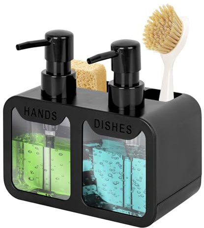 Dispenser di sapone da cucina, dispenser di sapone per mani e piatti e contenitore con portaspazzolino, organizer 3 in 1 per lavello da cucina (nero)