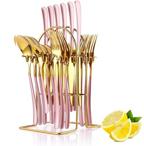 Flatware Set Rack,24 Piece Gilded Silverware Set with Stand,Hanging Stainless Steel Utensils Set Service for 6,Eating Tableware Set Include Fork Knife Spoon Holder Set,Dishwasher Safe (Rose Gold)